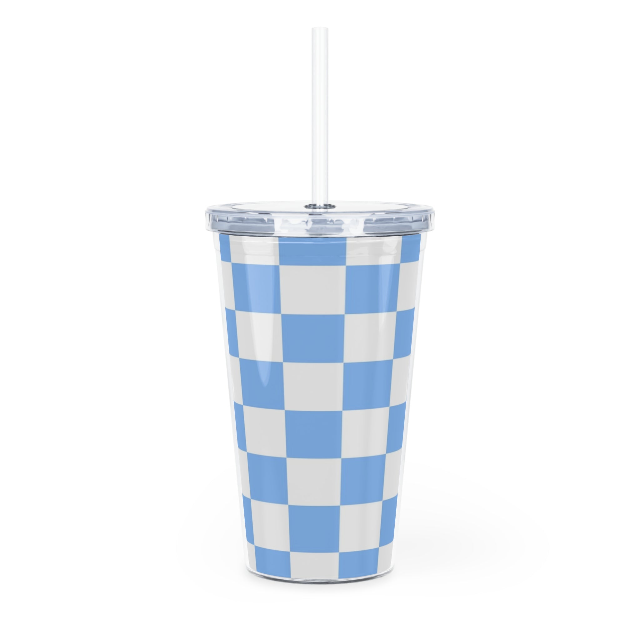 Checkerboard White and Light Blue Plastic Tumbler with Straw, Artsulli - Art is Long, Life is Short, Mug, , , , , , , 