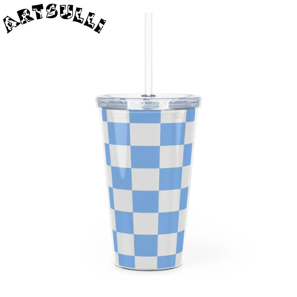 JAKKOUTTHEBXX Checkerboard White and Light Blue Plastic Tumbler