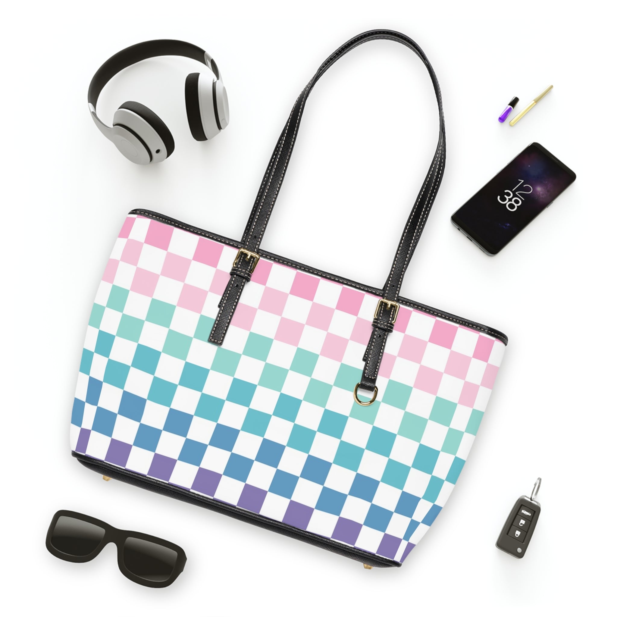 Vaporwave Rainbow  Checkerboard Multi-Color PU Leather Shoulder Bag, Artsulli - Art is Long, Life is Short, Bags, , , , , , , 