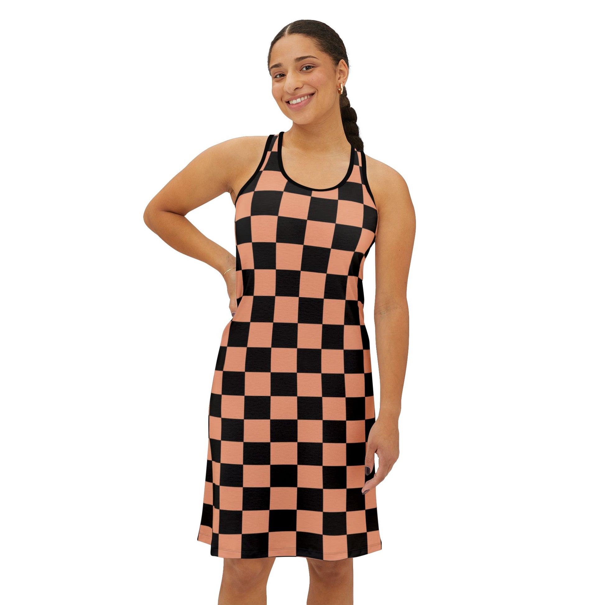 Checkerboard Soft Orange and Black Women's Racerback Dress (AOP), Artsulli - Art is Long, Life is Short, Tank Top, , , , , , , 