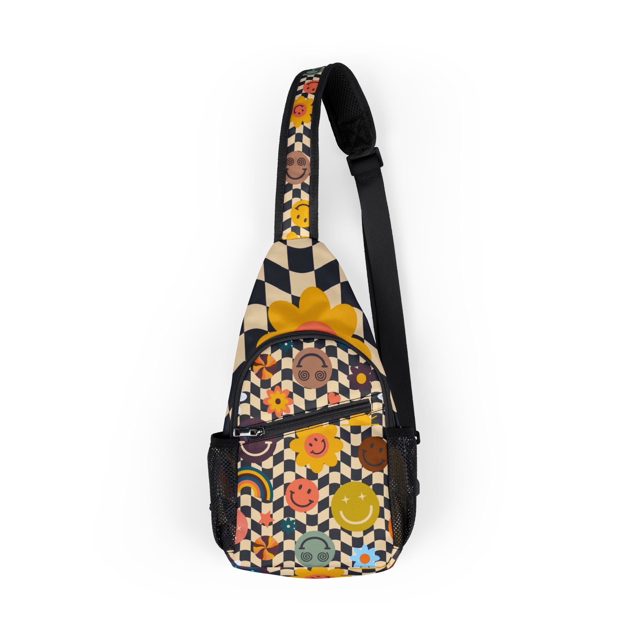 Trippy x Wavy Checkerboard x Smiley Face x Rainbow x Flowers Multi-Color Chest Bag (AOP), Artsulli - Art is Long, Life is Short, Bags, Size, One size, , , , , 28674326669882984518