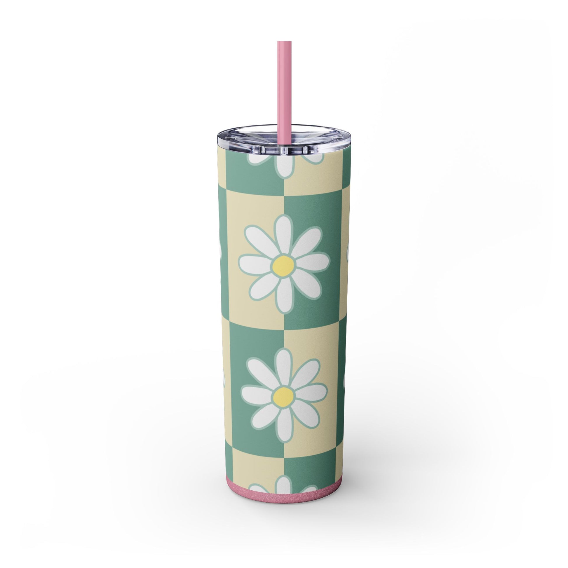 Retro Daisy Checkerboard Green and Tan Skinny Tumbler with Straw, 20oz, Artsulli - Art is Long, Life is Short, Mug, , , , , , , 