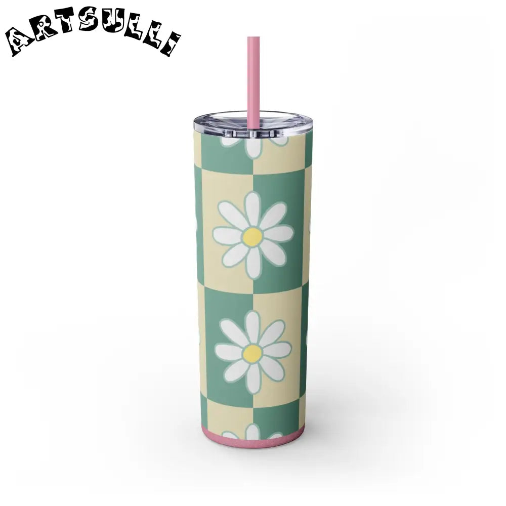 JAKKOUTTHEBXX Retro Daisy Checkerboard Green and Tan Skinny Tumbler