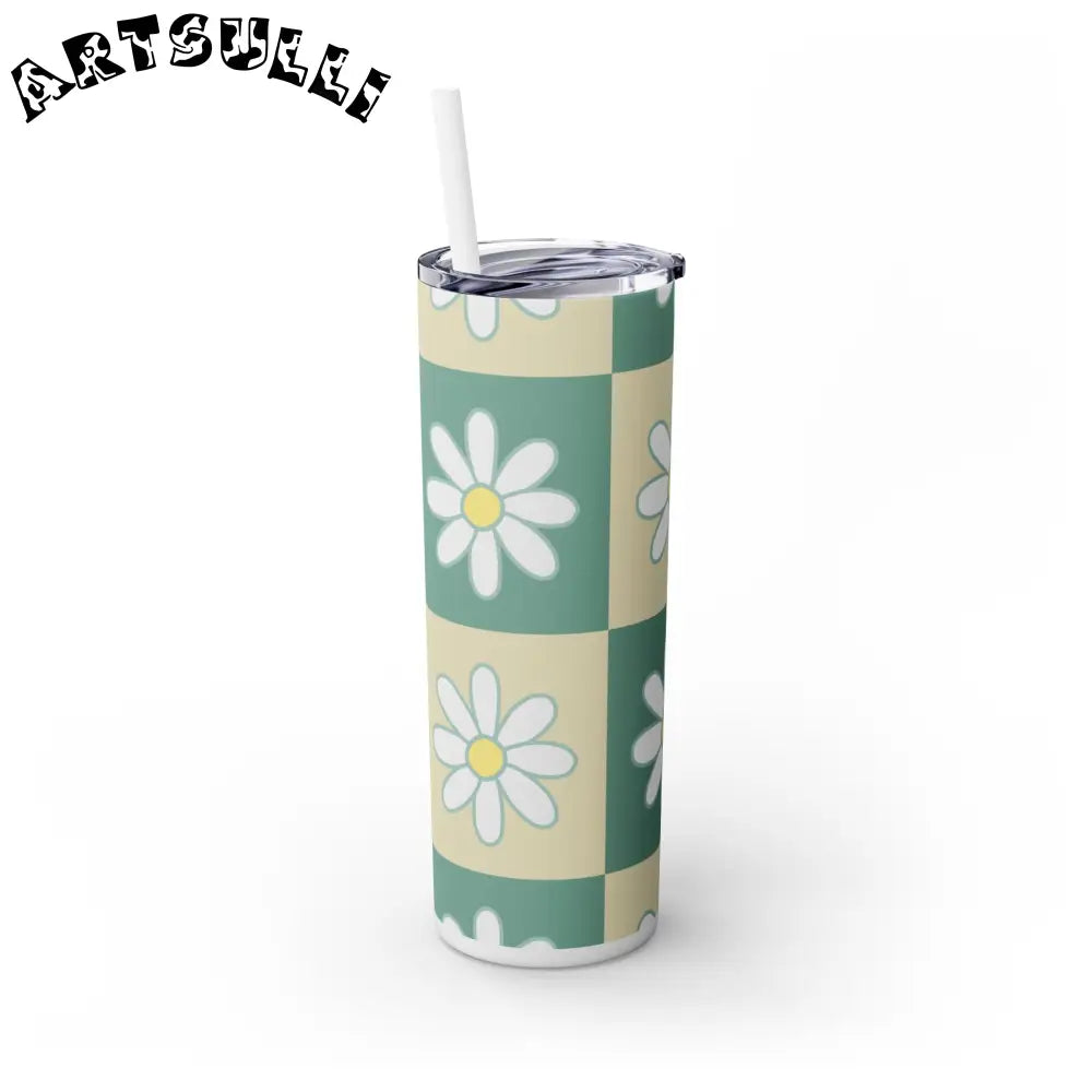 JAKKOUTTHEBXX Retro Daisy Checkerboard Green and Tan Skinny Tumbler