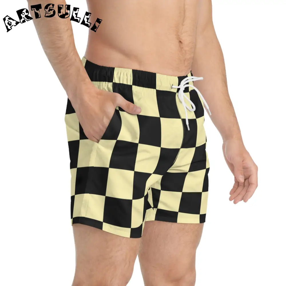 JAKKOUTTHEBXX Checkerboard Black and Yellow Swim Trunks (AOP)