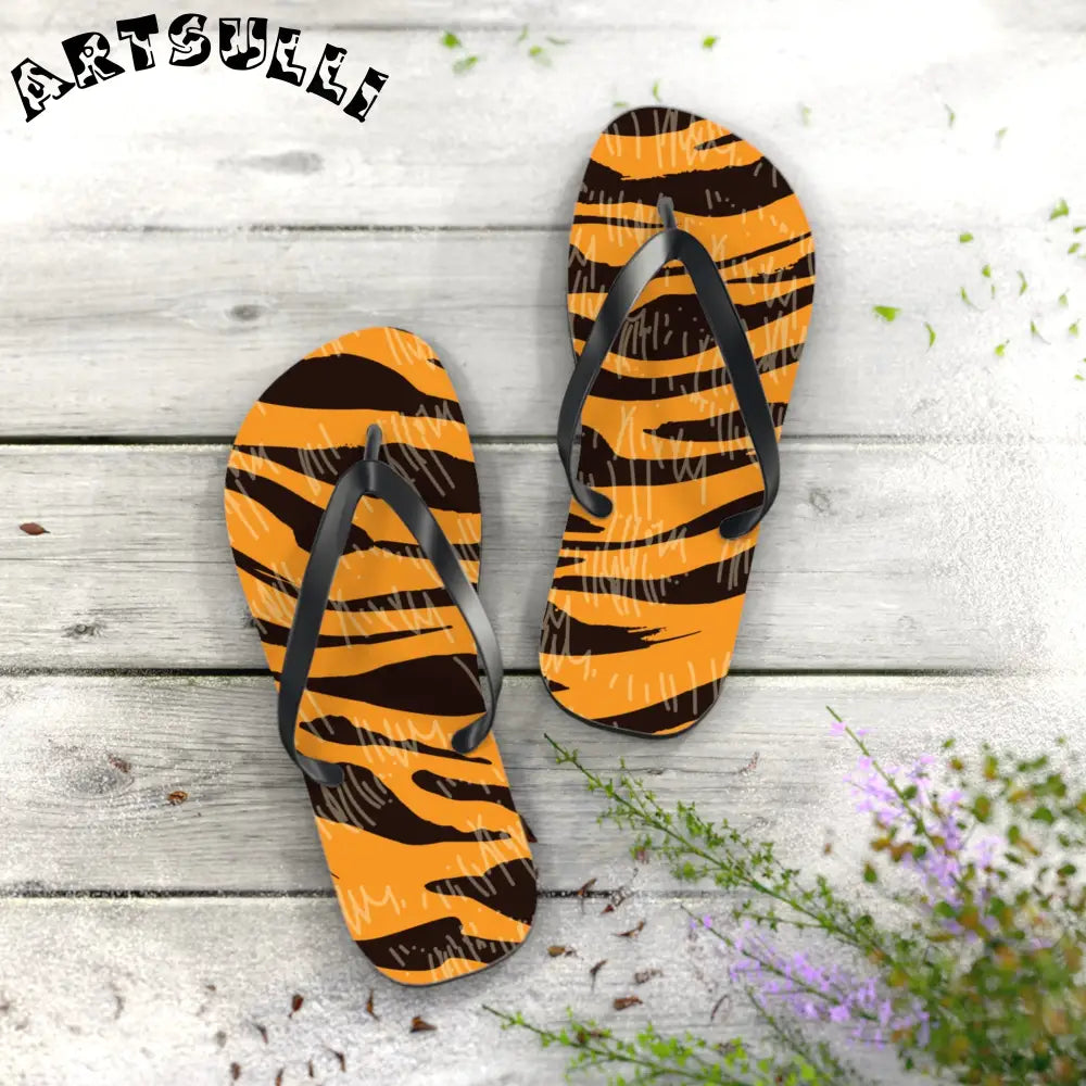 JAKKOUTTHEBXX Tiger Scratches Orange & Black Flip Flops