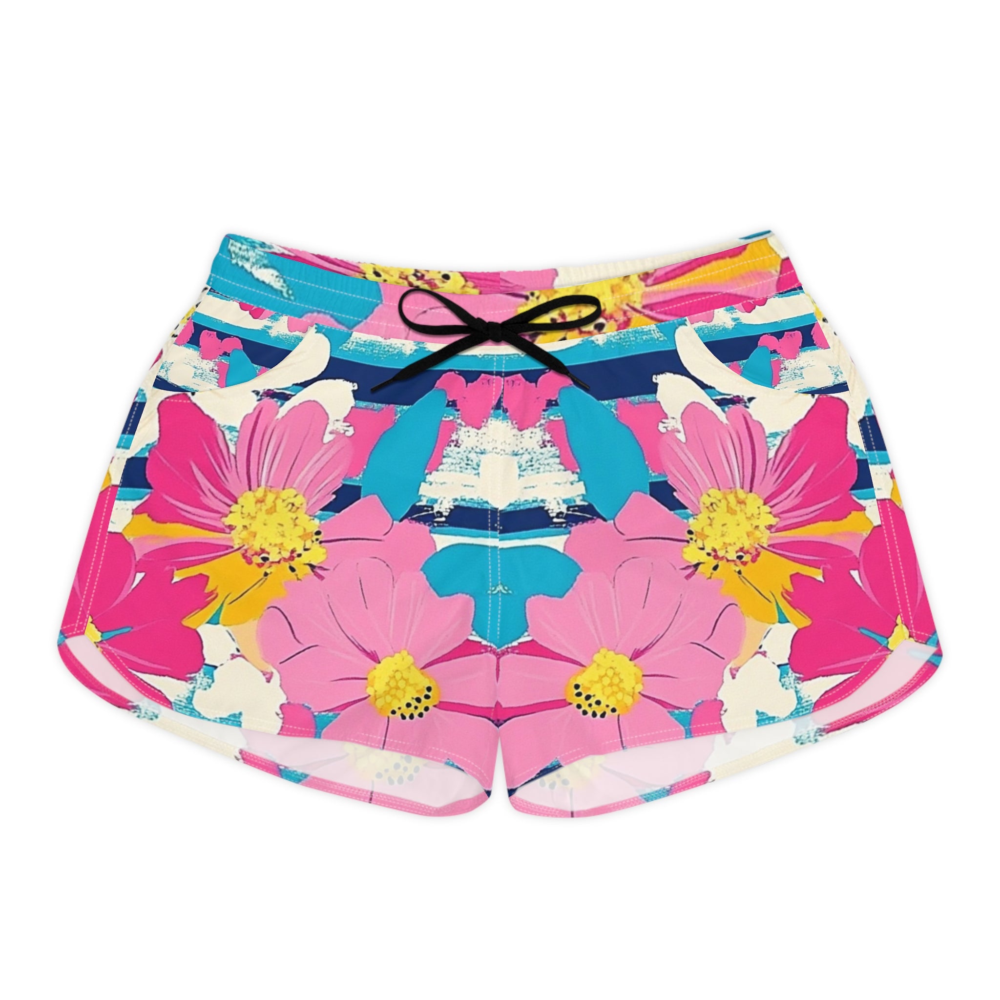 Dayglo Floral Stripes Multi-Color Women's Casual Shorts (AOP), Artsulli - Art is Long, Life is Short, All Over Prints, Size, S, Color, Black drawstring, , , 38710171070944
