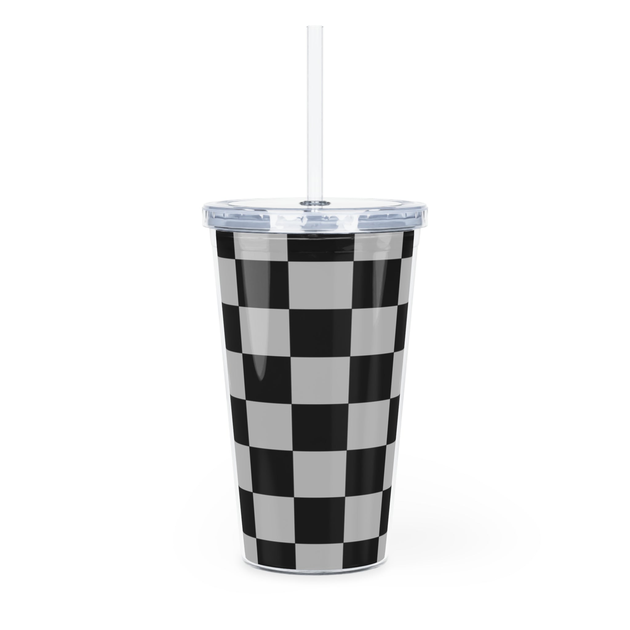 Checkerboard Dada Black and Light Gray Plastic Tumbler with Straw, Artsulli - Art is Long, Life is Short, Mug, , , , , , , 