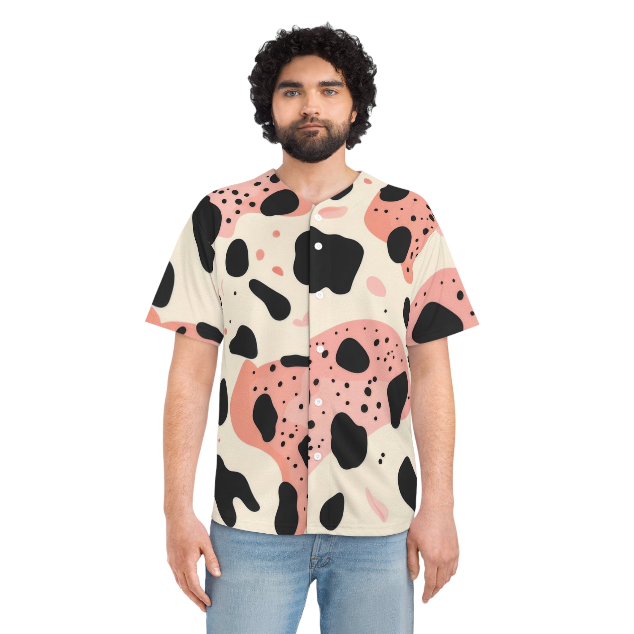 Organic Cow Print Cream and Pink Men's Baseball Jersey (AOP), Artsulli - Art is Long, Life is Short, All Over Prints, , , , , , , 