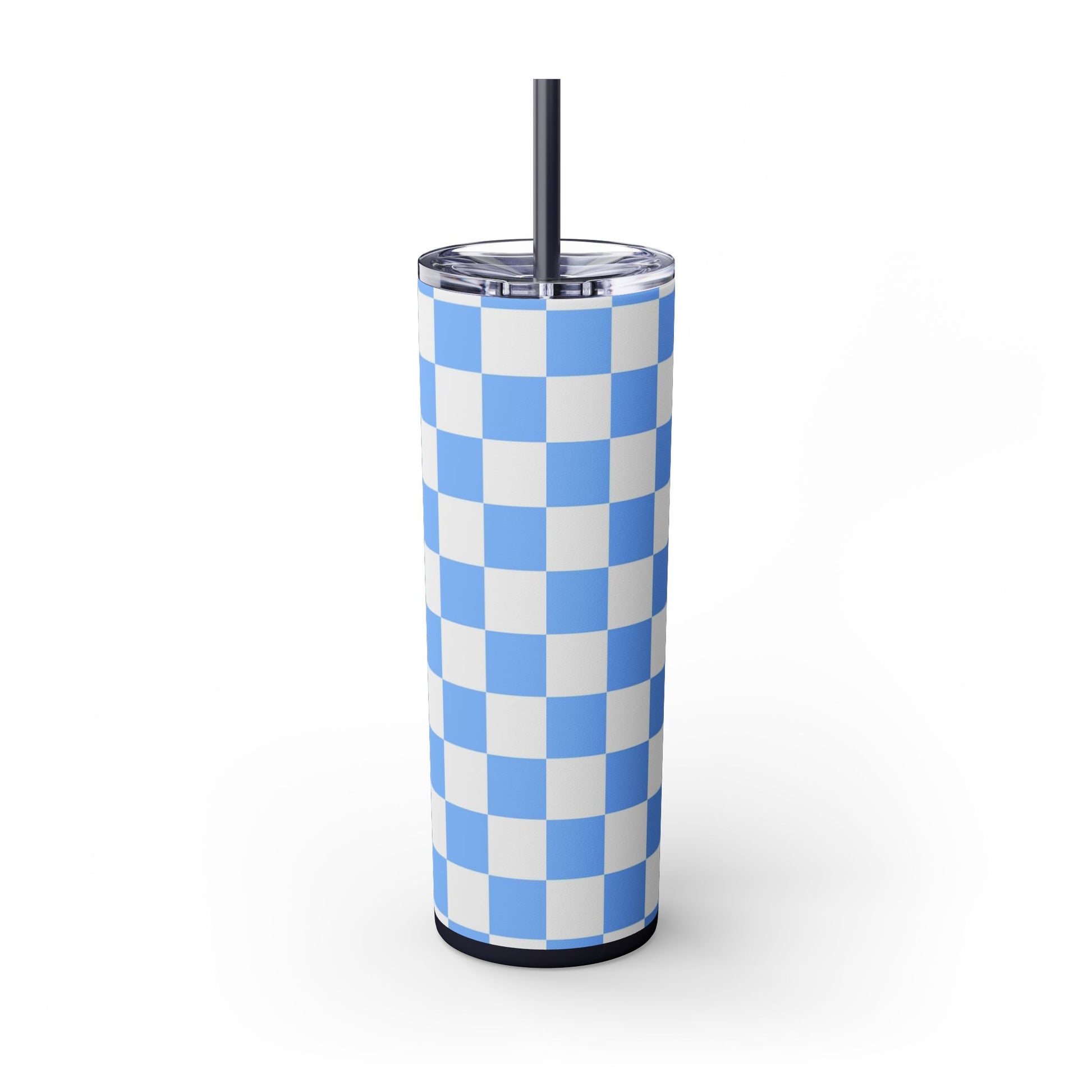 Checkerboard White and Light Blue Skinny Tumbler with Straw, 20oz, Artsulli - Art is Long, Life is Short, Mug, , , , , , , 