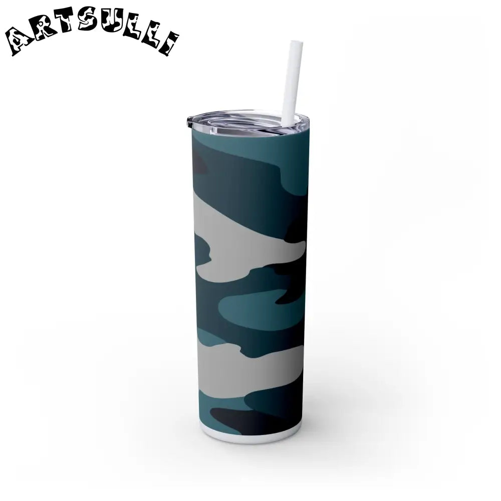 JAKKOUTTHEBXX Blue Camouflage Skinny Tumbler with Straw 20oz
