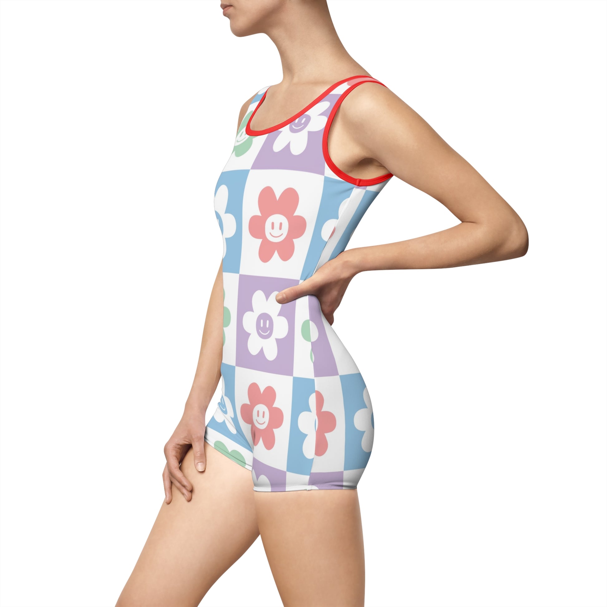 Chessboard x Smiley Face Flowers Multi-Color Women's Vintage Swimsuit (AOP), Artsulli - Art is Long, Life is Short, All Over Prints, , , , , , , 