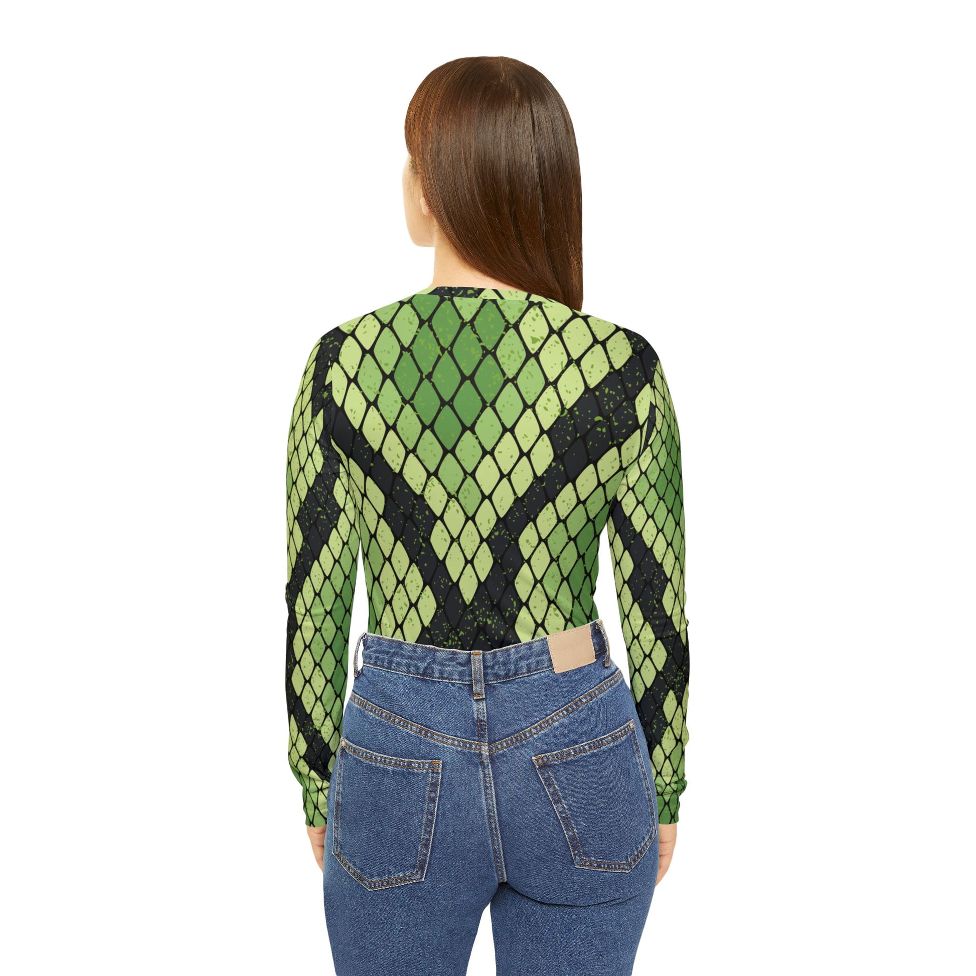 Snake Skin Green and Black Women's Long Sleeve V-neck Shirt (AOP), Artsulli - Art is Long, Life is Short, All Over Prints, , , , , , , 