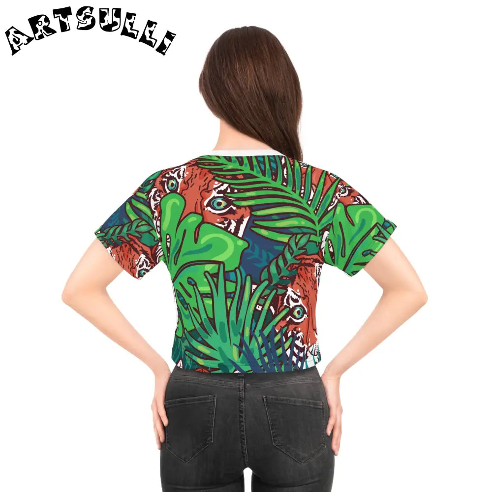 JAKKOUTTHEBXX Tropical Jungle Tigers Blue and Green Crop Tee (AOP)