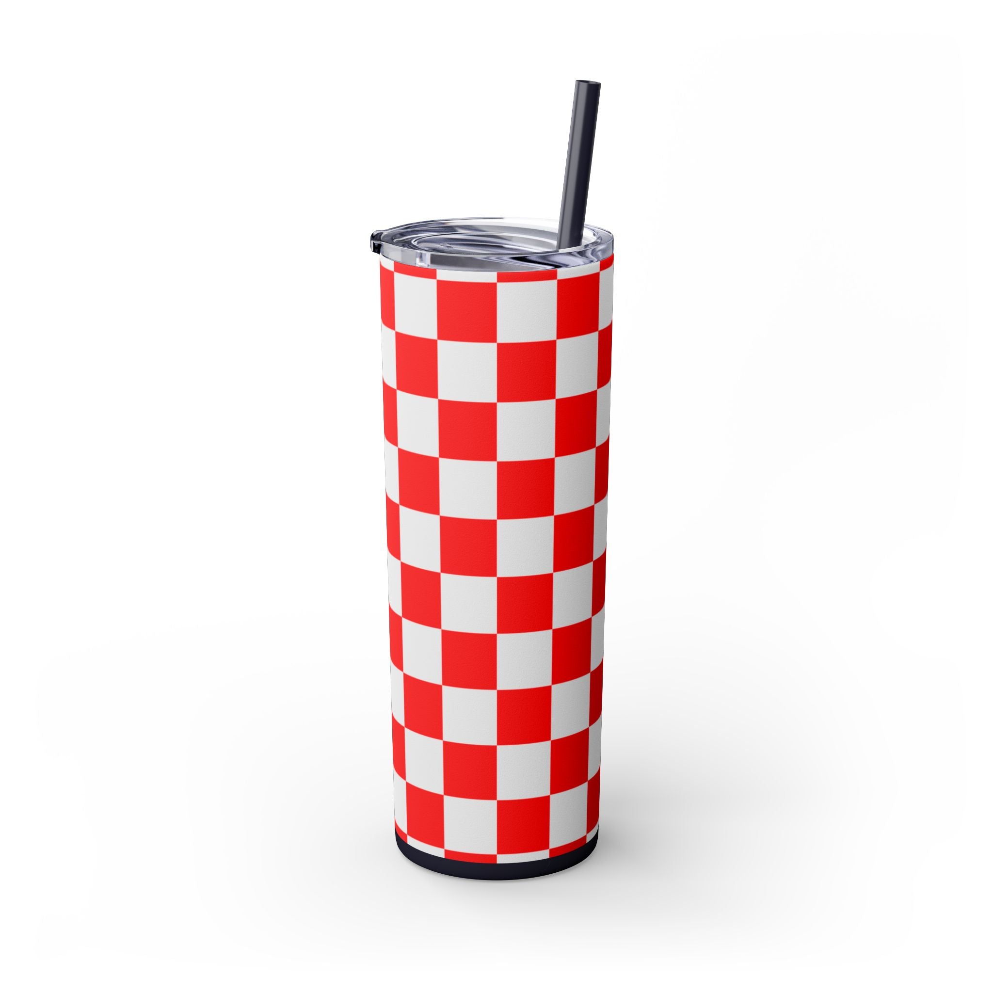 Checkerboard Red and White Skinny Tumbler with Straw, 20oz, Artsulli - Art is Long, Life is Short, Mug, , , , , , , 