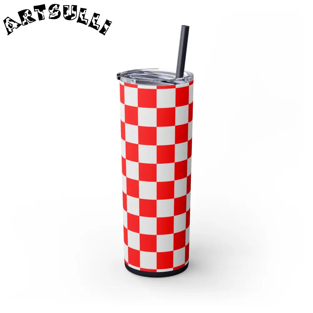 JAKKOUTTHEBXX Checkerboard Red and White Skinny Tumbler with Straw