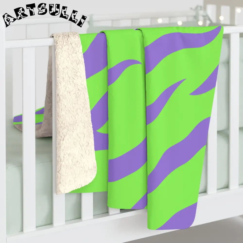 JAKKOUTTHEBXX Tyrannosaurus Print Green and Purple Sherpa Fleece