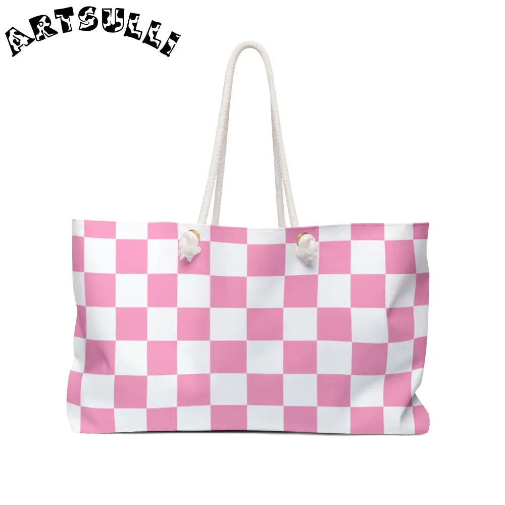 JAKKOUTTHEBXX Checkerboard Hot Pink and White Weekender Bag
