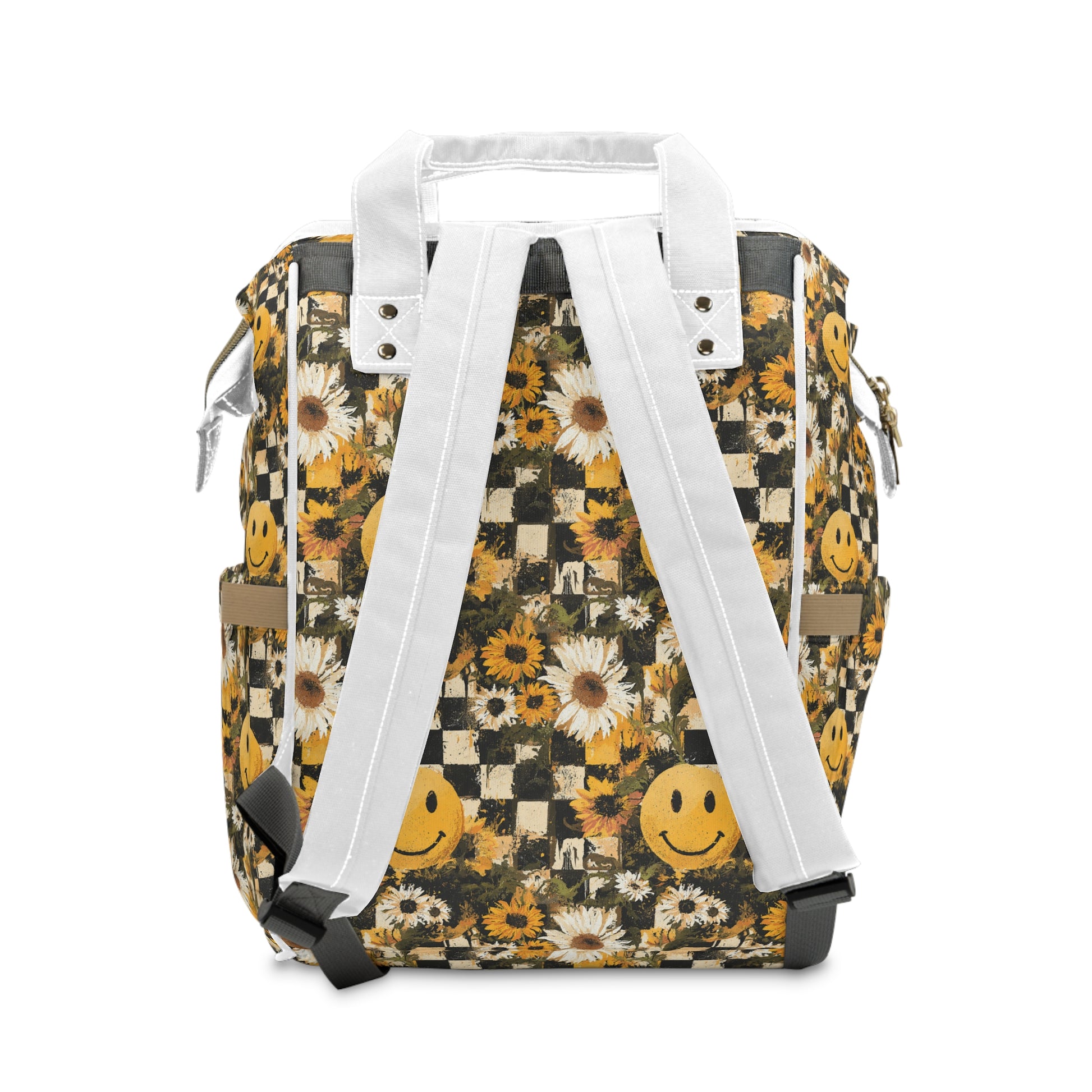Smiley Face x Checkerboard x Sunflowers x Trippy x Vintage Black and Yellow Multifunctional Diaper Backpack, Artsulli - Art is Long, Life is Short, Bags, , , , , , , 
