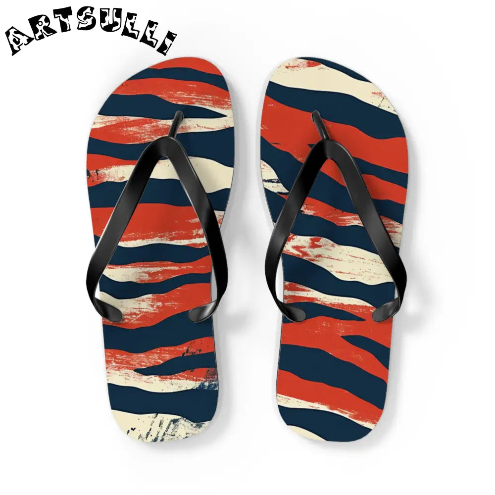 JAKKOUTTHEBXX Red White Blue Abstract Striped Flip Flops