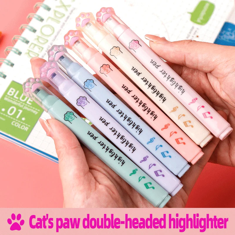 6 pcs/pack Kawaii Cat Claw Pastel Color Highlighters Drawing Art Markers Fluorescent Pen Gift Stationery Cute School Supplies