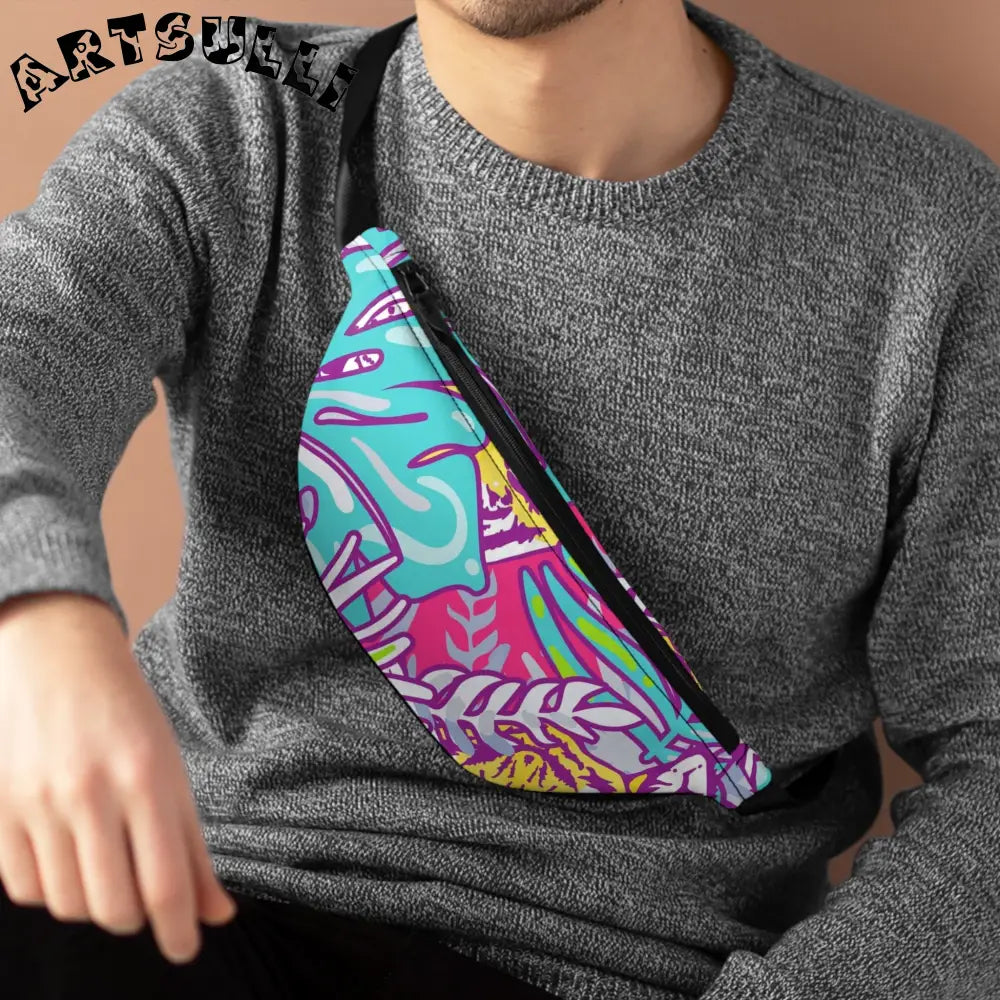 JAKKOUTTHEBXX Tropical Floral Tigers Torquise and Purple Fanny Pack