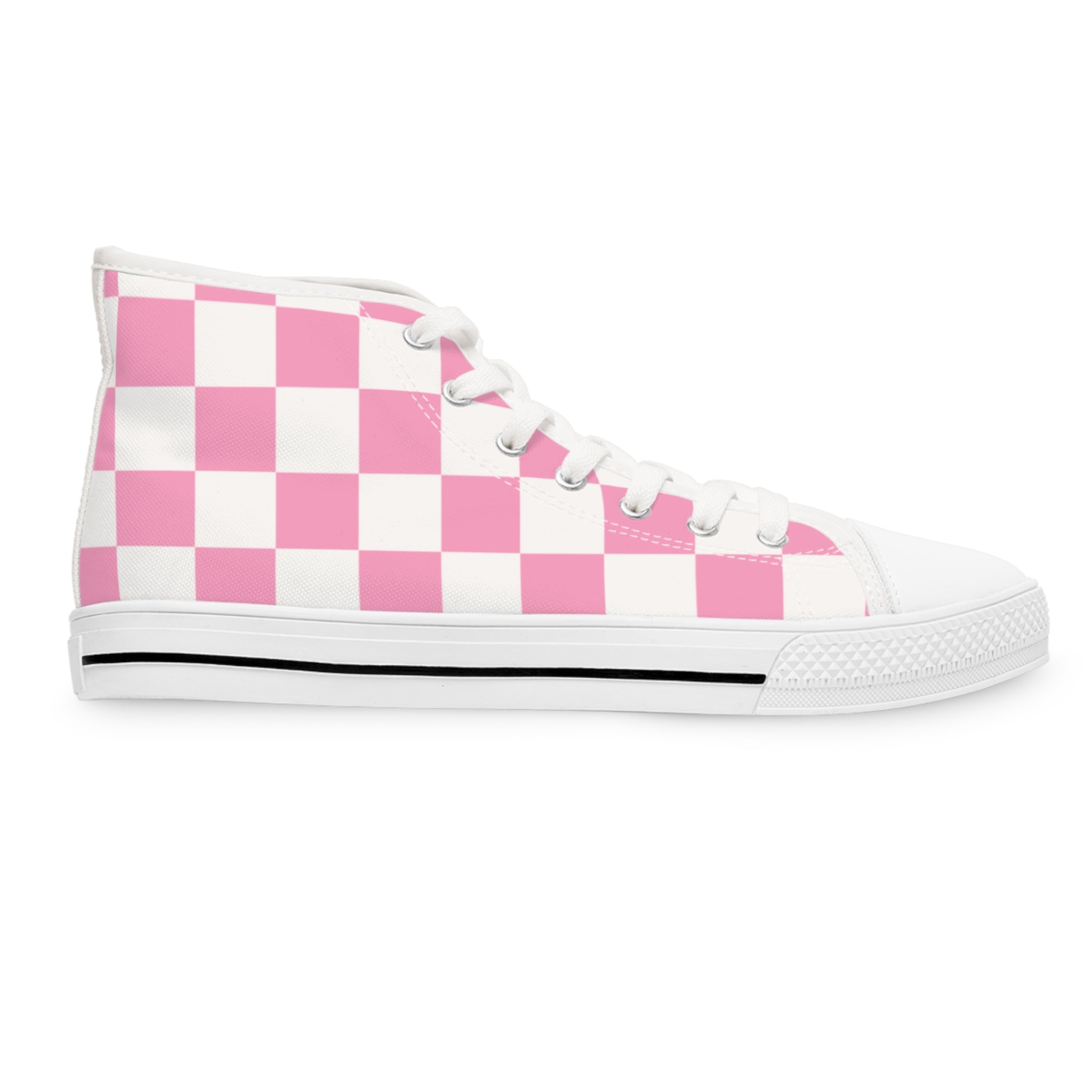 Checkerboard Hot Pink and White Women's High Top Sneakers, Artsulli - Art is Long, Life is Short, Shoes, , , , , , , 