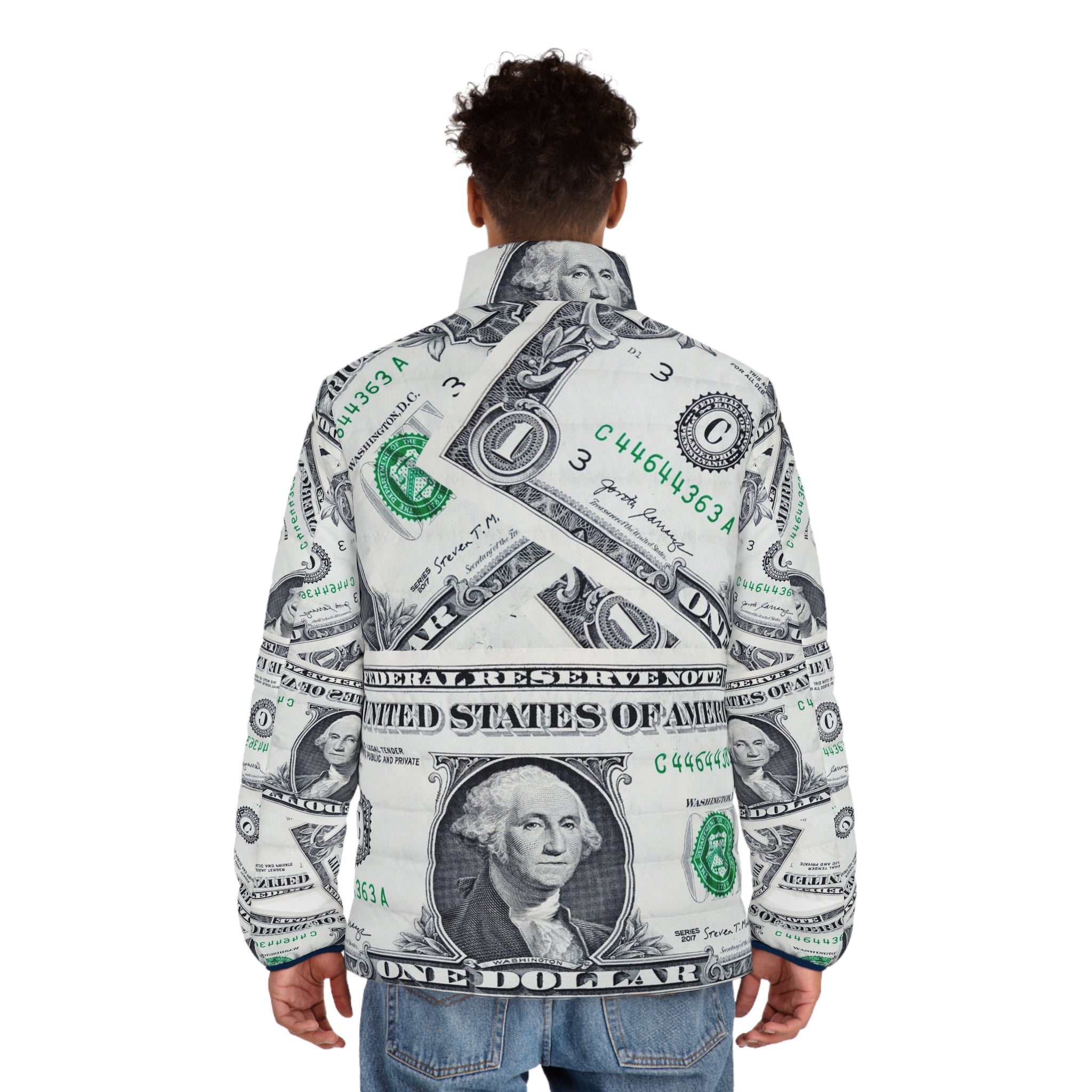 Money Collage Men's Puffer Jacket (AOP), Artsulli - Art is Long, Life is Short, All Over Prints, , , , , , , 