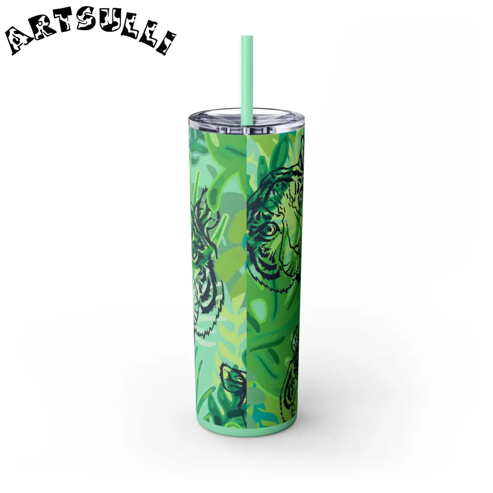 JAKKOUTTHEBXX Tropical Jungle Tigers Green Skinny Tumbler with Straw