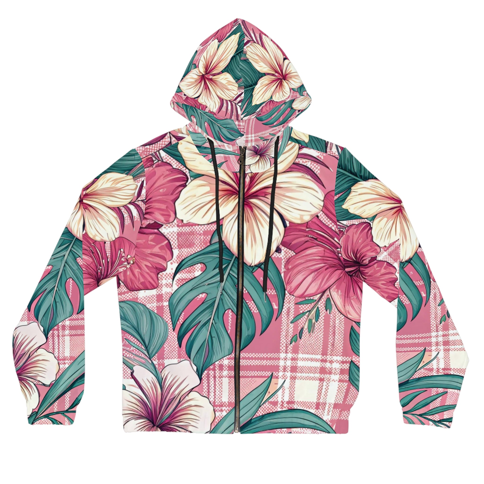Plaid x Floral Burgundy and Green Women’s Full-Zip Hoodie (AOP), Artsulli - Art is Long, Life is Short, All Over Prints, Size, XS, Color, Black, , , 95108799934602