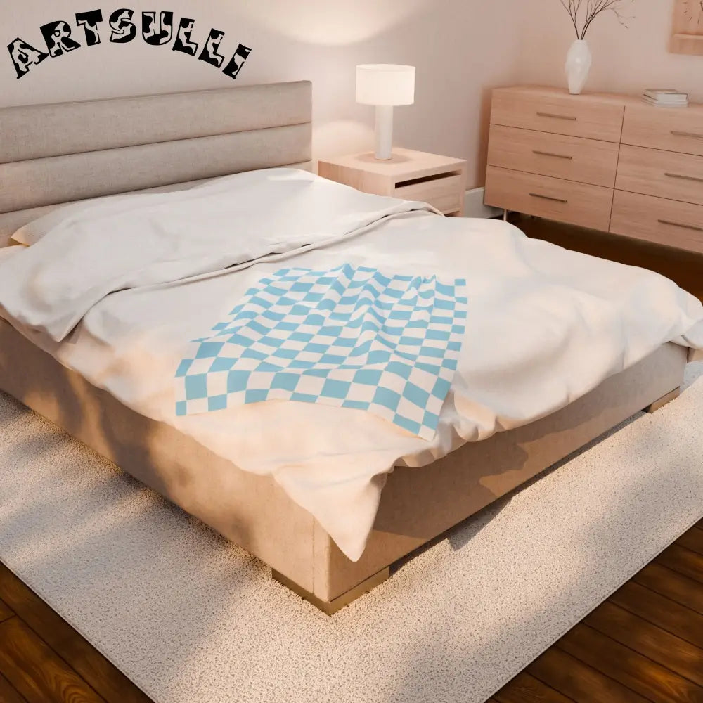 JAKKOUTTHEBXX Checkerboard Sky Blue Velveteen Plush Blanket