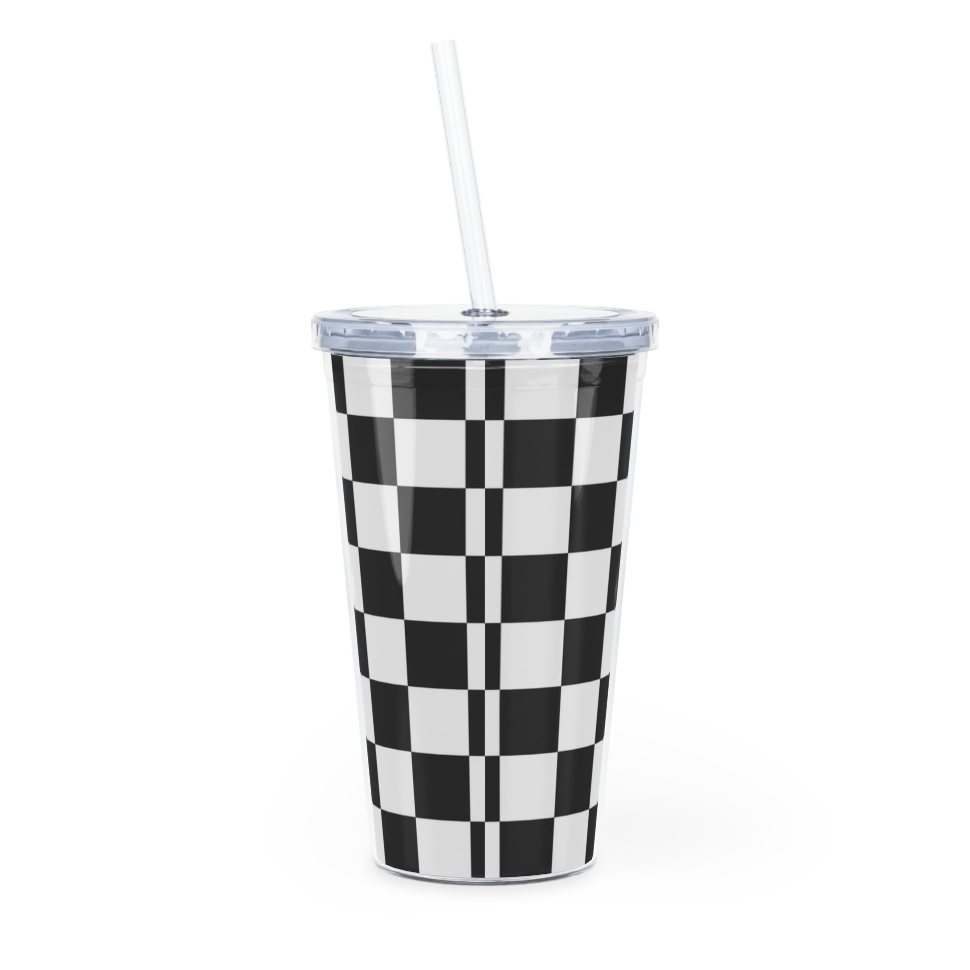 Checkerboard White and Black Plastic Tumbler with Straw, Artsulli - Art is Long, Life is Short, Mug, , , , , , , 