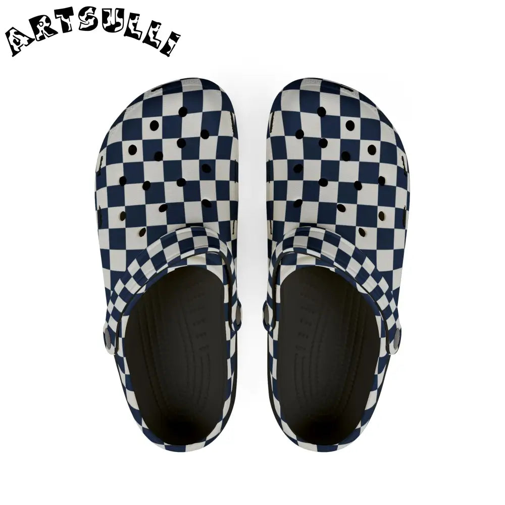 JAKKOUTTHEBXX Checkerboard White and Navy Blue EVA Foam Rubber Shoes