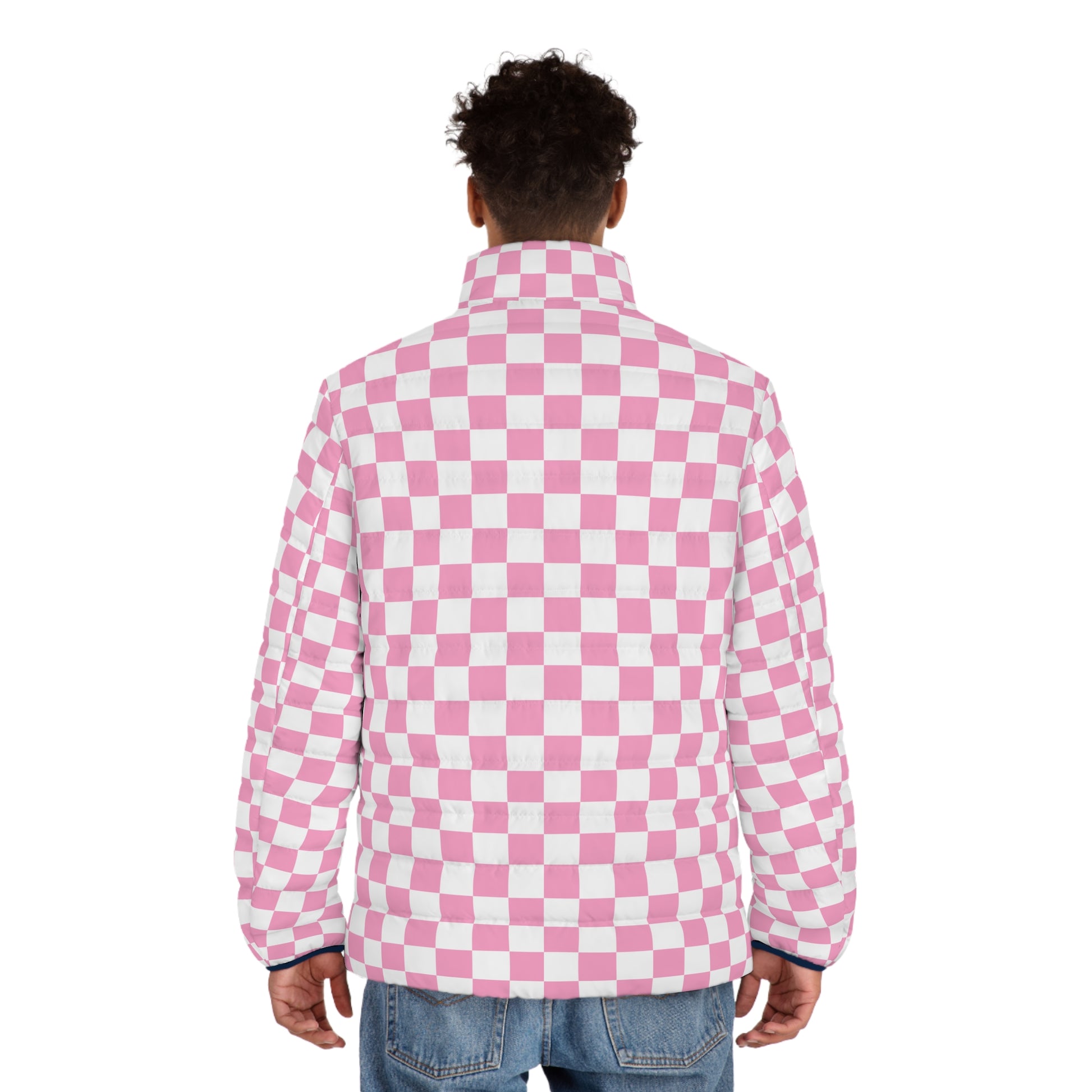 Checkerboard Hot Pink and White Men's Puffer Jacket (AOP), Artsulli - Art is Long, Life is Short, All Over Prints, , , , , , , 