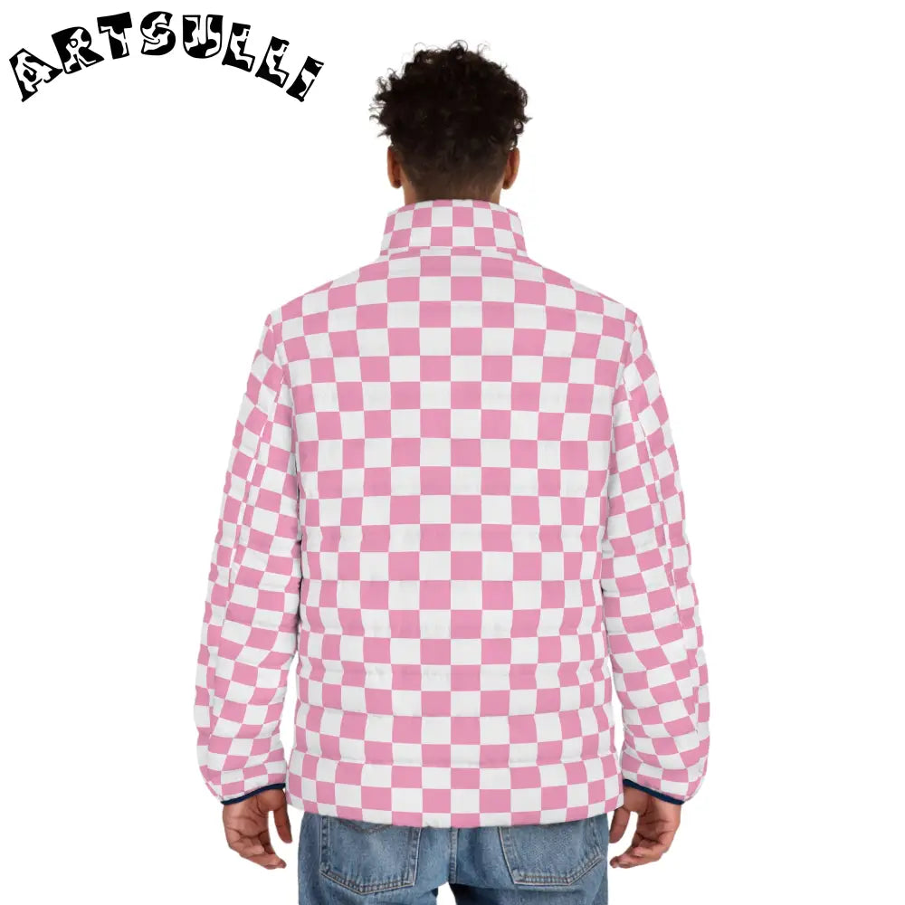 JAKKOUTTHEBXX Checkerboard Hot Pink and White Men’s Puffer Jacket