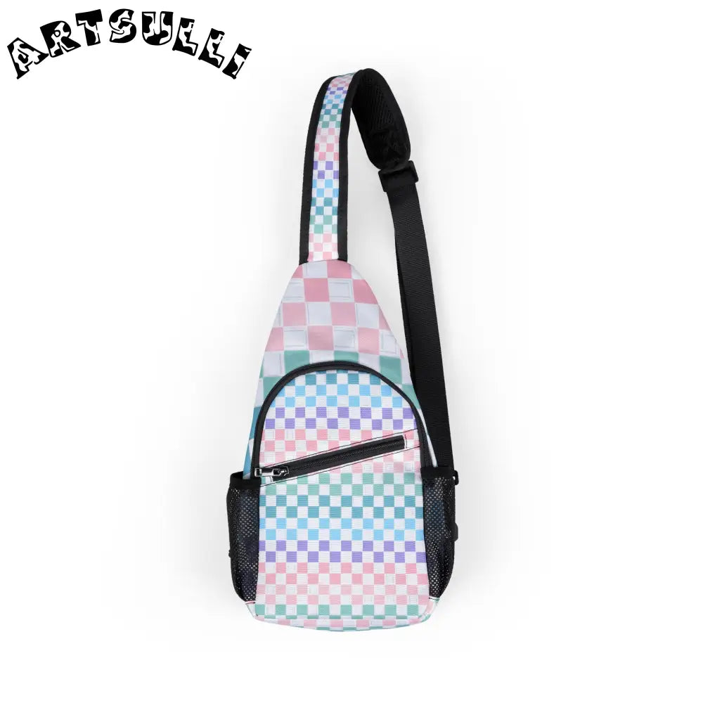 Vaporwave Rainbow Checkerboard Chest Bag (AOP), Artsulli - Art is Long, Life is Short, Bags, Size, One size, , , , , 16022256972157703707