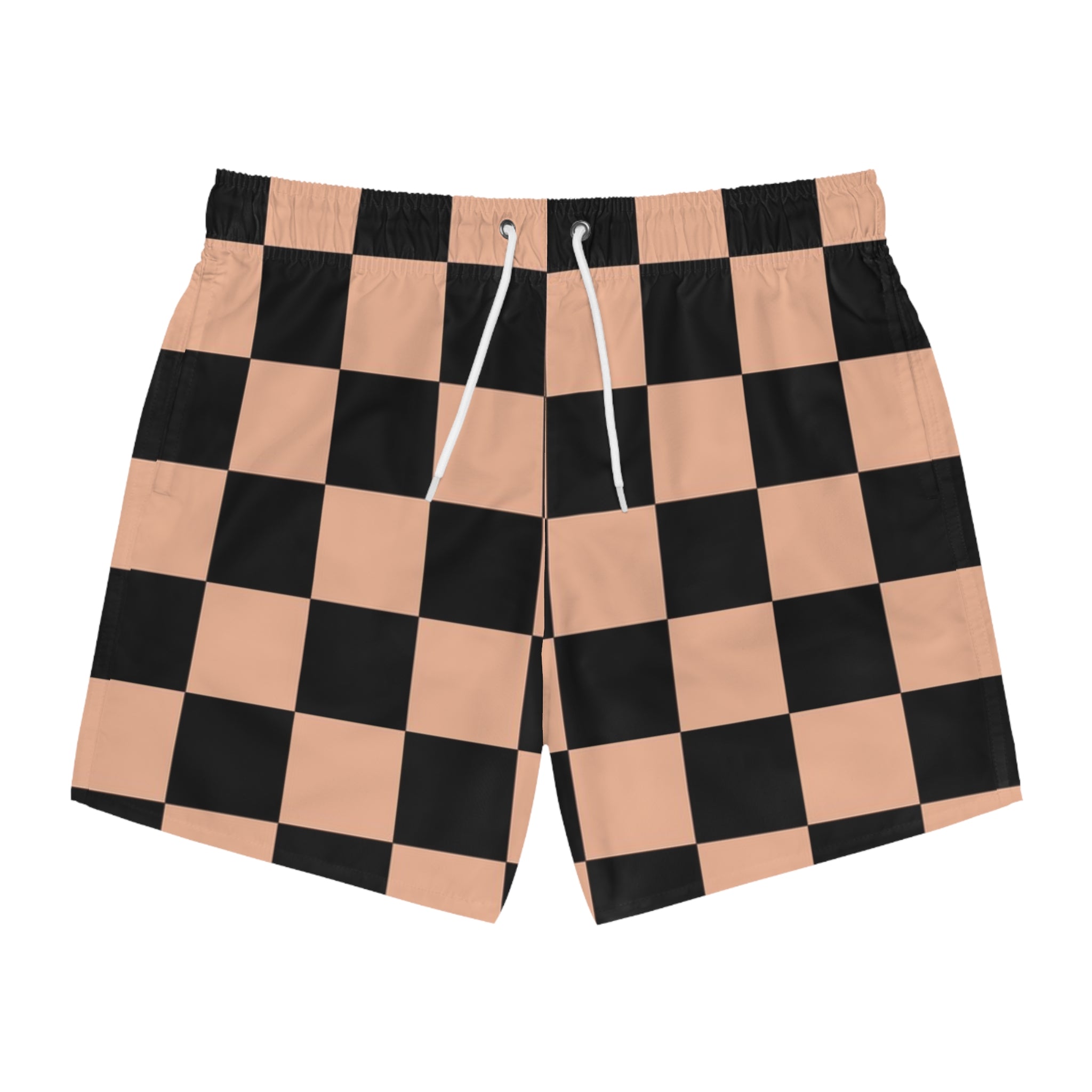 Checkerboard Soft Orange and Black Swim Trunks (AOP), Artsulli - Art is Long, Life is Short, All Over Prints, Size, XS, Color, Seam thread color automatically matched to design, , , 14050545638005582998