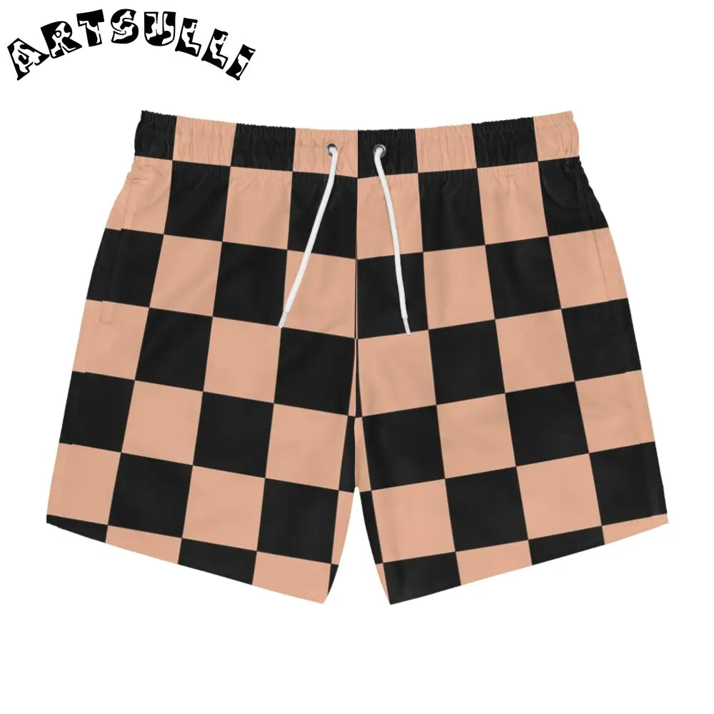 JAKKOUTTHEBXX Checkerboard Soft Orange and Black Swim Trunks (AOP)