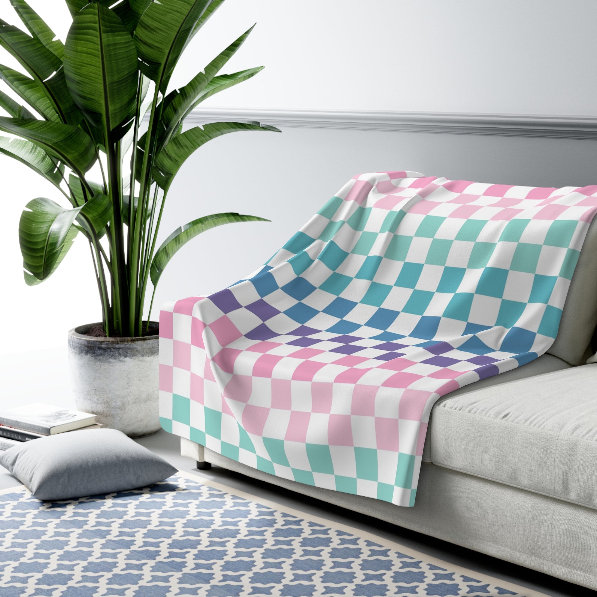 Vaporwave Rainbow  Checkerboard Multi-Color Sherpa Fleece Blanket, Artsulli - Art is Long, Life is Short, Home Decor, , , , , , , 