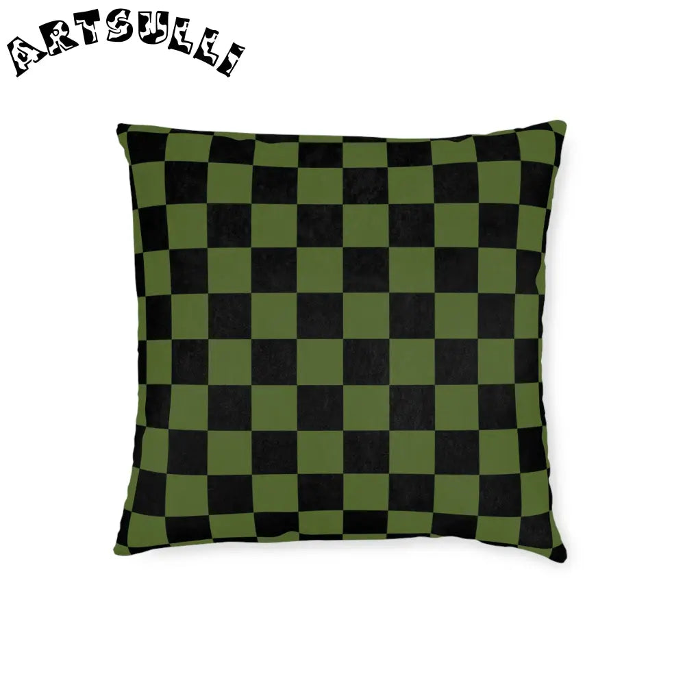 JAKKOUTTHEBXX Checkerboard Olive Green and Black Square Pillow