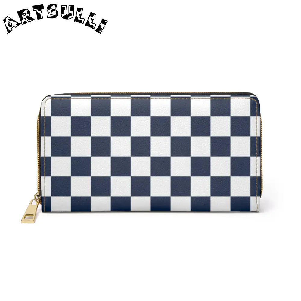 JAKKOUTTHEBXX Checkerboard White and Navy Blue Zipper Wallet