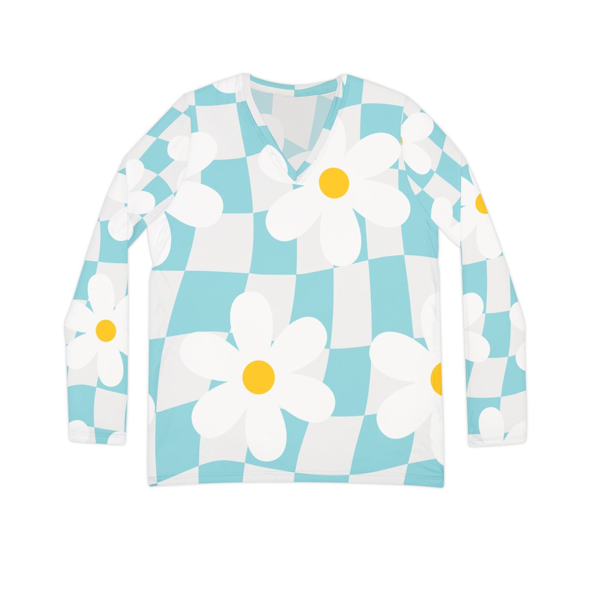 Trippy Check Garden Women's Long Sleeve V-neck Shirt (AOP), Artsulli - Art is Long, Life is Short, All Over Prints, Size, XS, , , , , 21338262010021677775