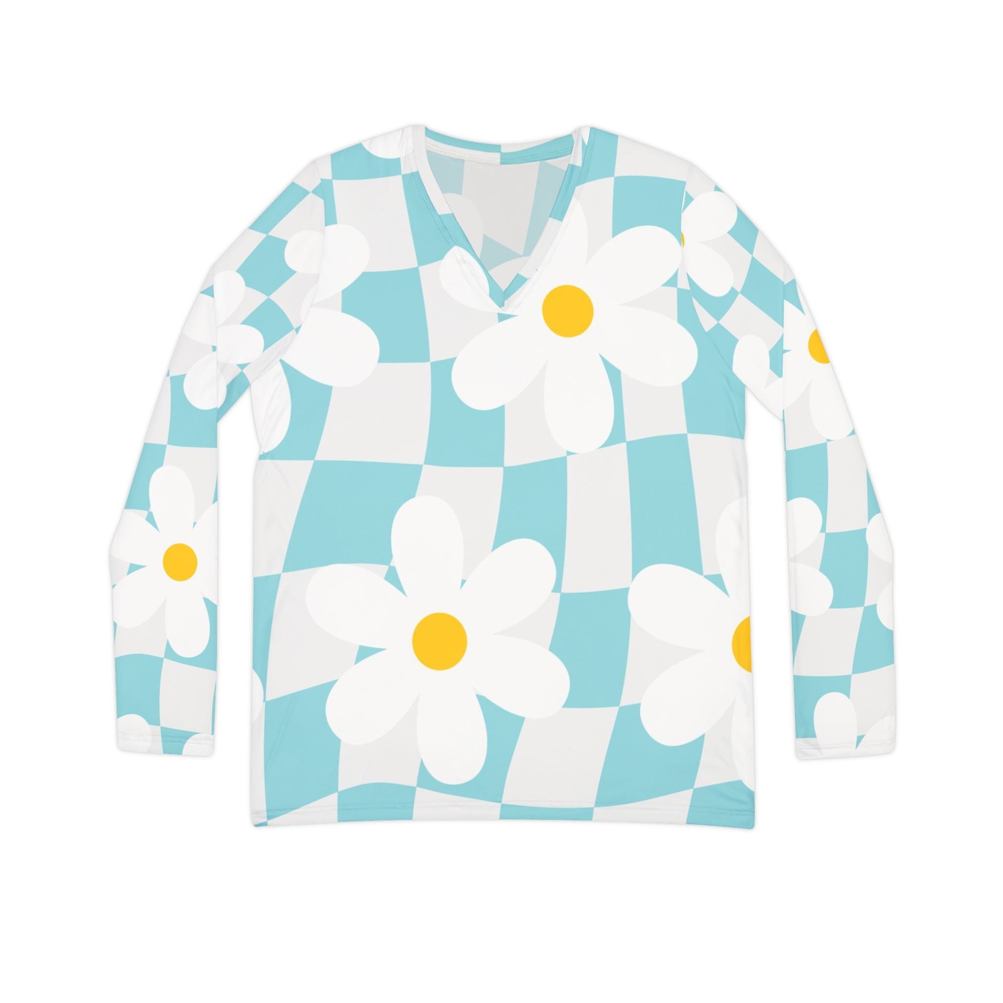 Trippy Check Garden Women's Long Sleeve V-neck Shirt (AOP), Artsulli - Art is Long, Life is Short, All Over Prints, Size, XS, , , , , 21338262010021677775