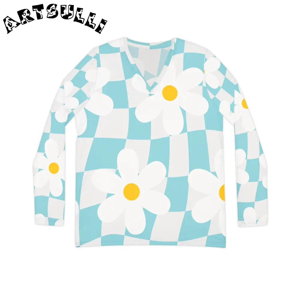 JAKKOUTTHEBXX Trippy Check Garden Women’s Long Sleeve V-neck Shirt