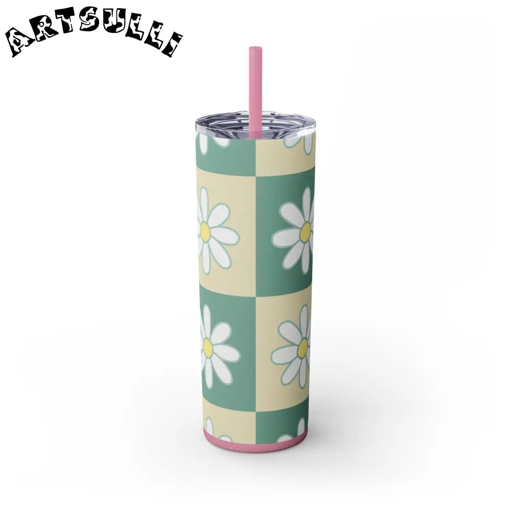 JAKKOUTTHEBXX Retro Daisy Checkerboard Green and Tan Skinny Tumbler