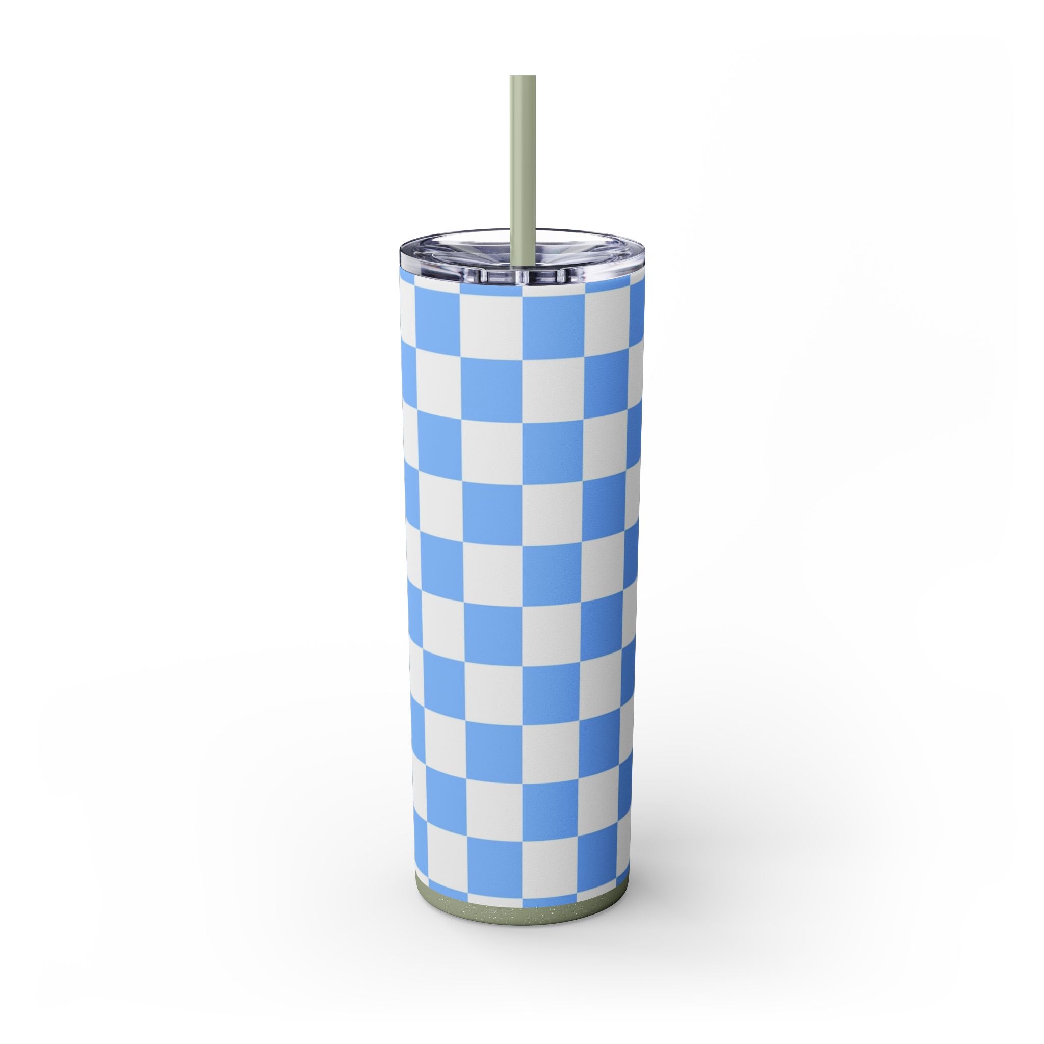 Checkerboard White and Light Blue Skinny Tumbler with Straw, 20oz, Artsulli - Art is Long, Life is Short, Mug, , , , , , , 