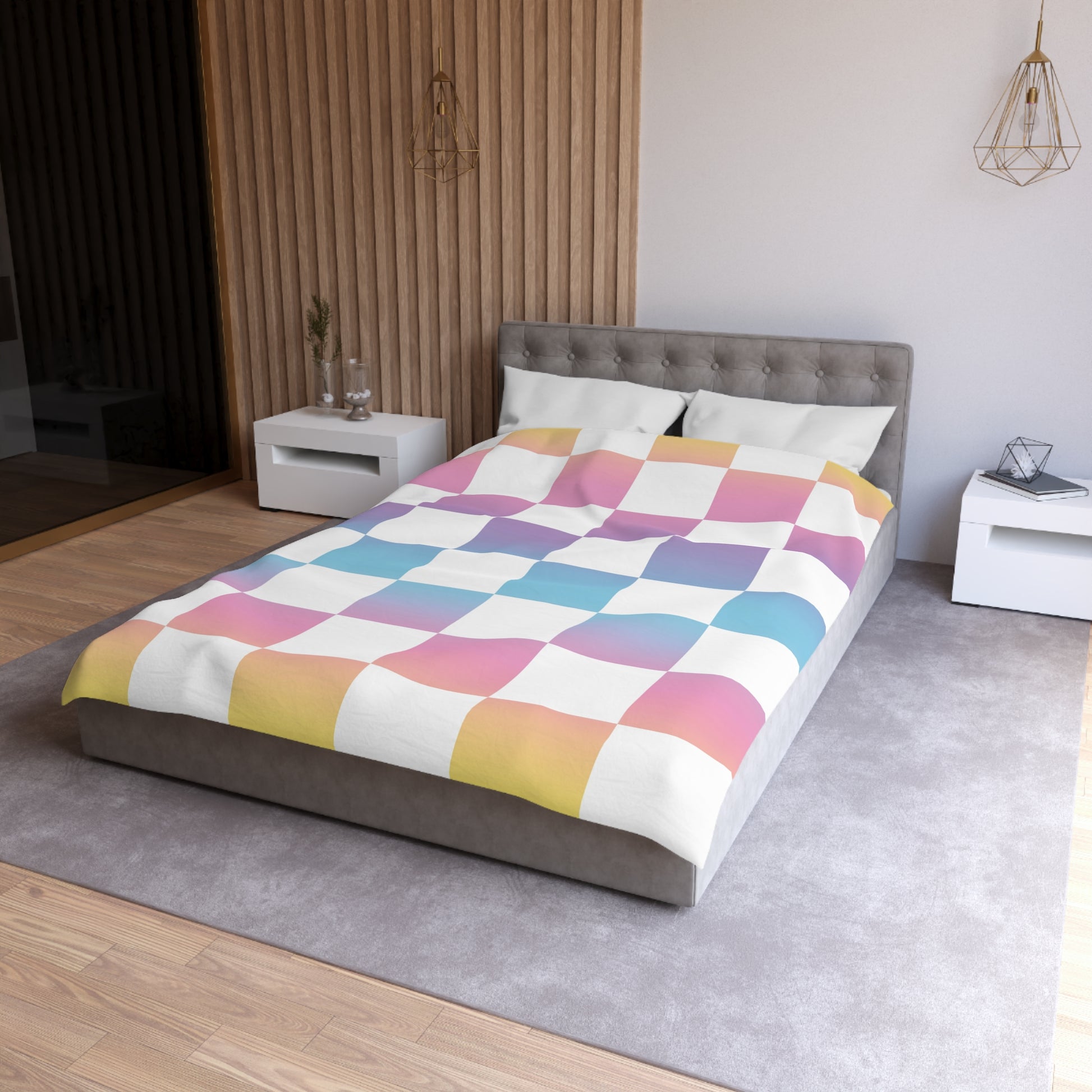 Vaporwave Check Microfiber Duvet Cover, Artsulli - Art is Long, Life is Short, Home Decor, , , , , , , 