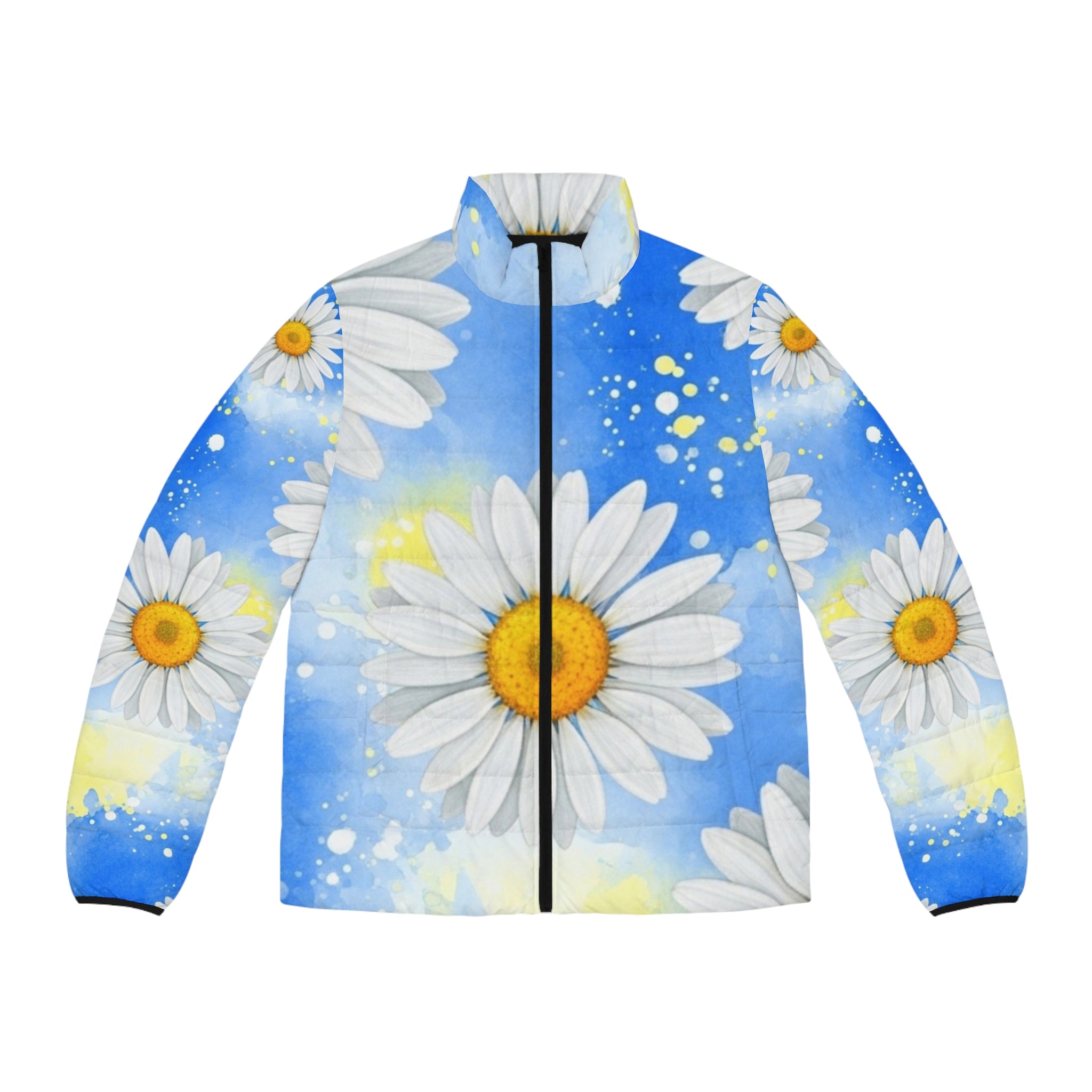 Daisies Men's Puffer Jacket (AOP), Artsulli - Art is Long, Life is Short, All Over Prints, Size, S, Color, Black zipper, , , 20600715465642299271