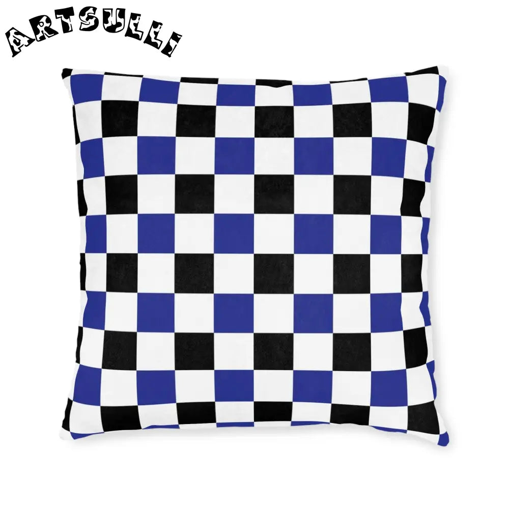 JAKKOUTTHEBXX Checkerboard Blue White and Black Square Pillow