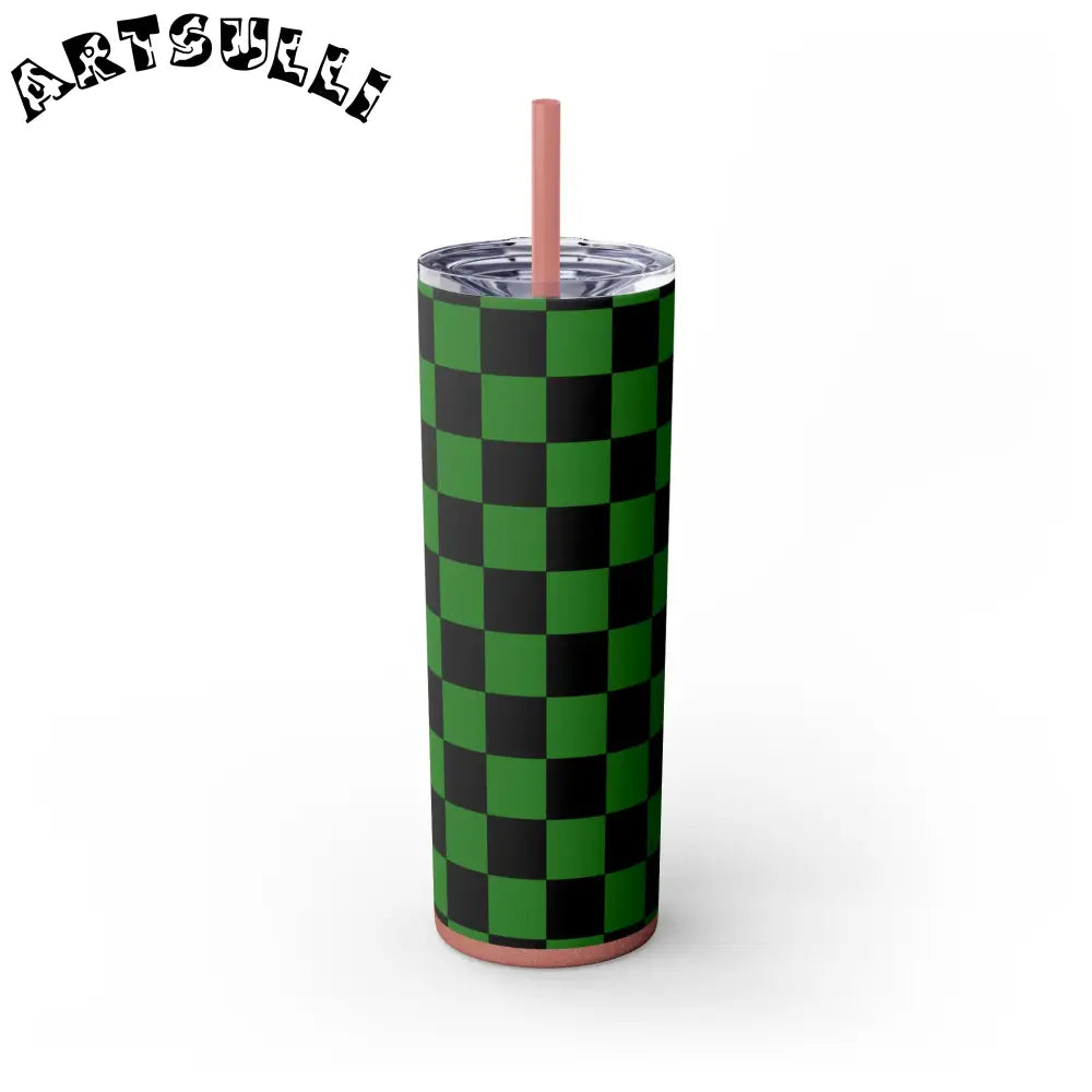 JAKKOUTTHEBXX Checkerboard Green and Black Skinny Tumbler with Straw